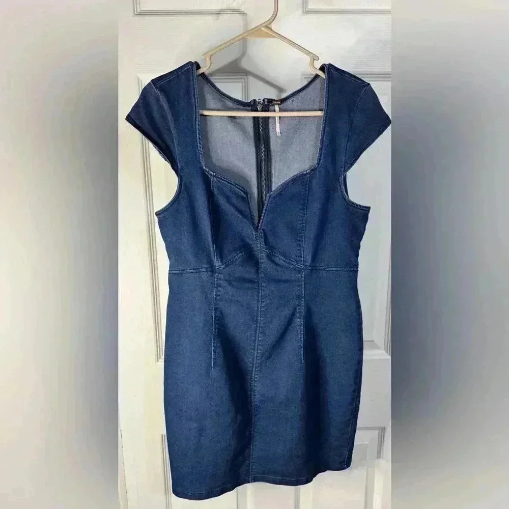 Free People Lia Blue Denim Bodycon Stretch Dress Size Medium